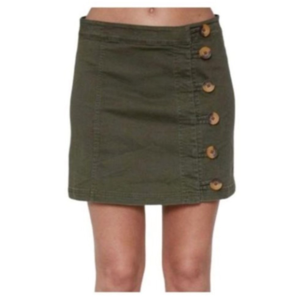 Free People Side Button Mini Skirt | Army Green Cotton Blend | Size 8